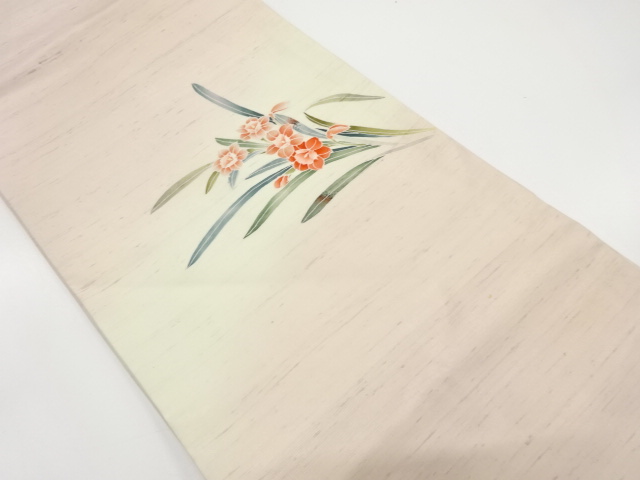 節紬　手描き友禅　鉄仙花模様名古屋帯